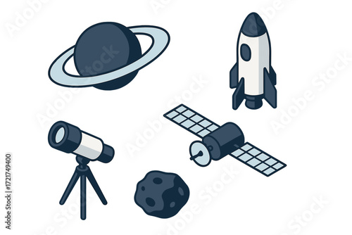 Collection of space exploration objects including a ringed planet, rocket, telescope, communication satellite, and asteroid for astronomy concepts