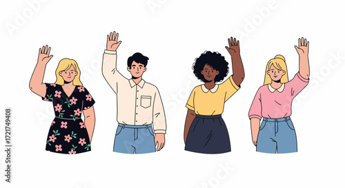 Diverse group of people waving hello with cheerful expressions and casual attire.