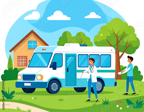 Doctor and patient near a medical van outdoors, with a house and trees in the background.