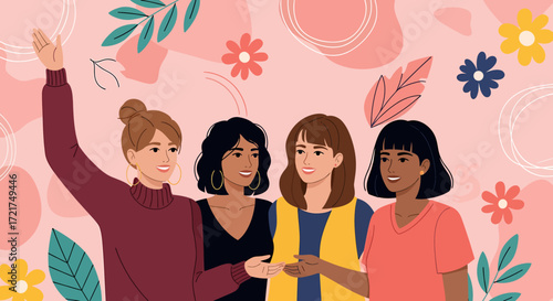 Diverse group of four smiling women with varying hairstyles and skin tones.