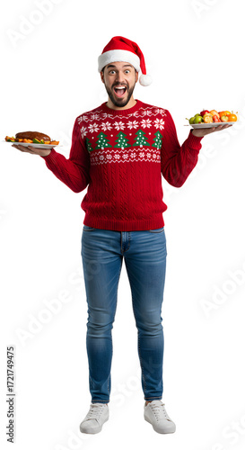 Excited man in Christmas sweater and Santa hat holding plates of holiday food, festive and joyful, perfect for Christmas celebrations