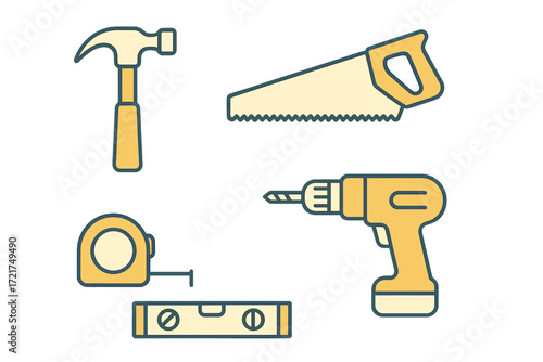 Essential construction and DIY tools for building and repair projects including hammer, saw, drill, tape measure, and level