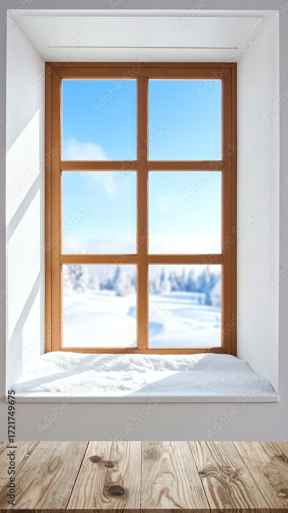 Fototapeta premium Cozy window view with snow and blue sky.