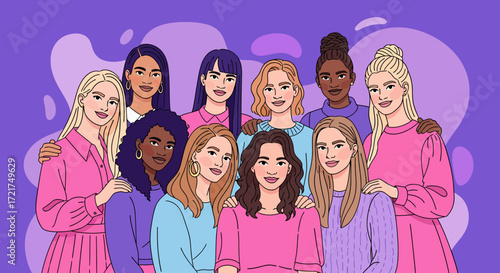 Diverse group of women with various hairstyles and skin tones embracing each other.