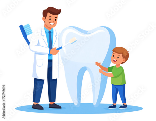 Smiling dentist and child examine a large tooth model, demonstrating proper dental care.
