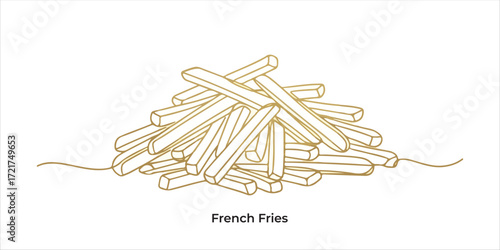 Gold French Fries continuous single line art drawing sketch on white background