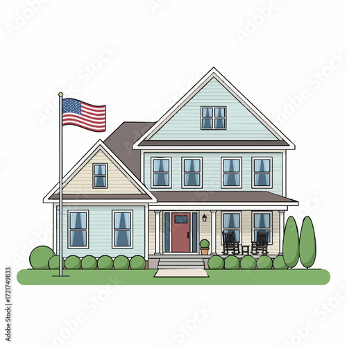 Classic American suburban house with a front porch and United States flag, a vector illustration of a traditional family home