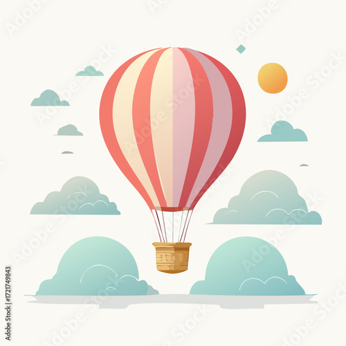 A red and white striped hot air balloon floats among fluffy clouds under a bright sun.