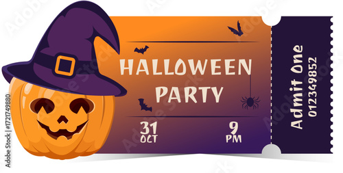 Halloween party invitation ticket vector illustration with smiling pumpkin jack o lantern wearing witch hat, bats, spider and festive typography, spooky event entry pass design, 31 October celebration