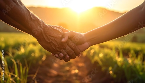 Two hands clasped in a handshake at sunset over a field