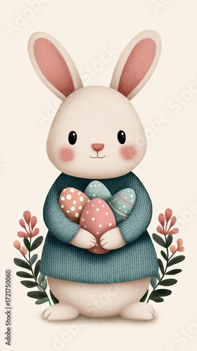 Happy Easter Bunny Holding Painted Eggs – Holding Easter Eggs in Pastel  ideal for greeting cards, spring decor, or children’s seasonal products
