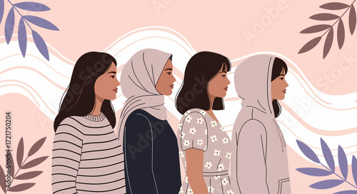 Diverse women in profile wearing hijab hoodie dress and striped sweater.
