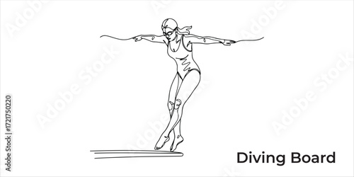Woman in White Swimsuit on Diving Board continuous single line art drawing sketch on white background