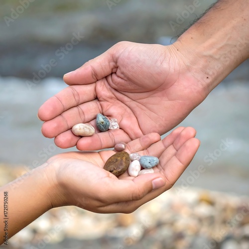 Two hands exchanging smooth stones near water