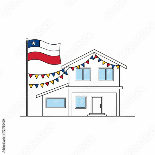 Festive Chilean house decorated with the national flag and colorful pennant banners for a patriotic holiday celebration