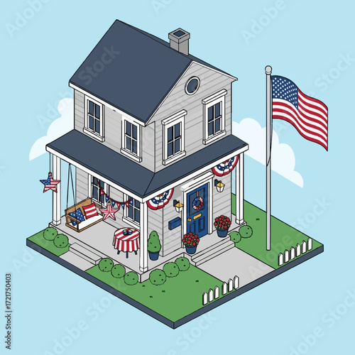 Patriotic two-story house with an American flag celebrating the Fourth of July in an isometric vector style