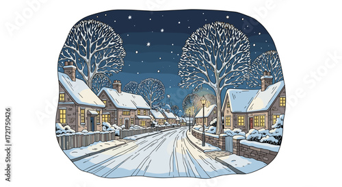 Snowy village street at night with houses in vintage illustration style