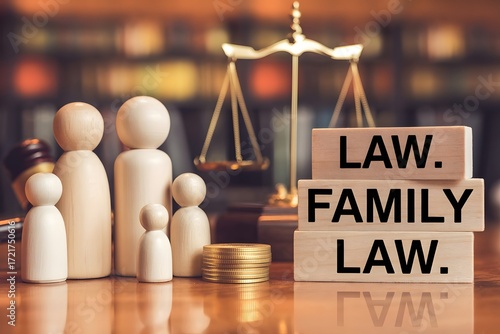 Symbolic representation of family law with wooden figures representing a family scales of justice and blocks spelling out law family law on a wooden surface