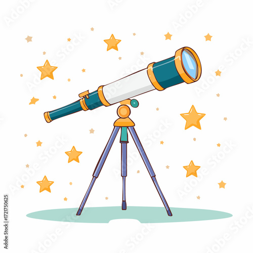 A cartoon illustration of a telescope on a tripod against a starry background.