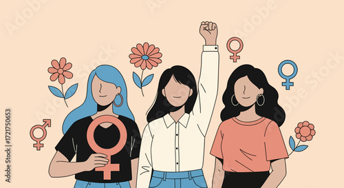Empowered Women with Raised Fist Female Symbols and Floral Accents Illustration.