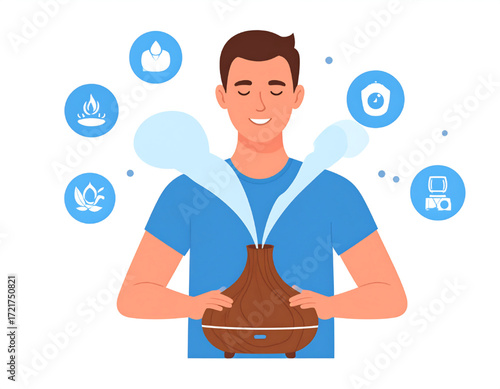 Smiling man using a wooden essential oil diffuser, surrounded by wellness symbols.