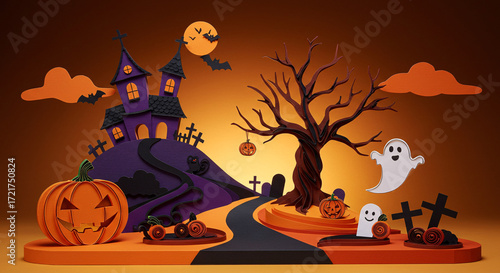 Spooky Papercraft Halloween Diorama: Whimsical Quilling Art Scene with Haunted House and Pumpkin