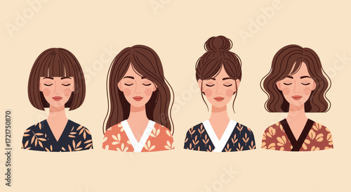 Four diverse women with closed eyes and floral patterned tops illustration.