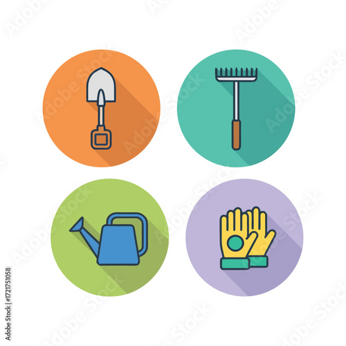 Gardening tools arranged neatly in colorful circles representing essential equipment for tending to plants and maintaining a beautiful garden.