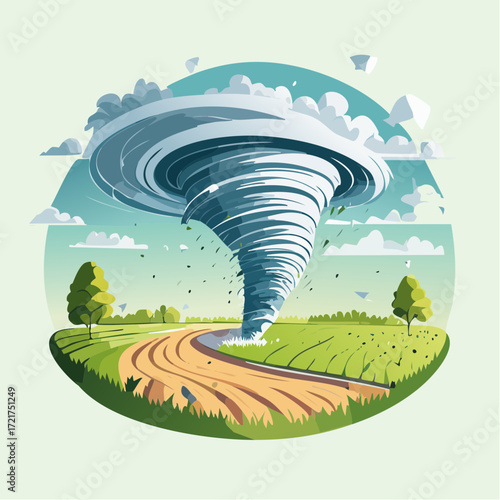 A powerful tornado touches down in a rural landscape, destroying fields and a road.
