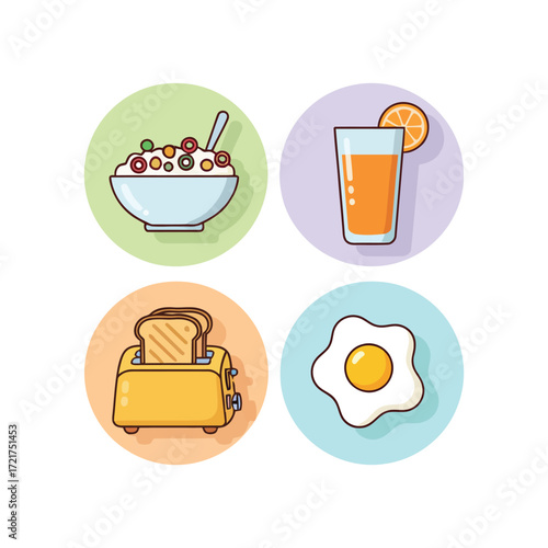 Breakfast food items arranged in colorful circles representing a healthy and balanced morning meal with cereal, juice, toast, and egg, creating a cheerful vibe.