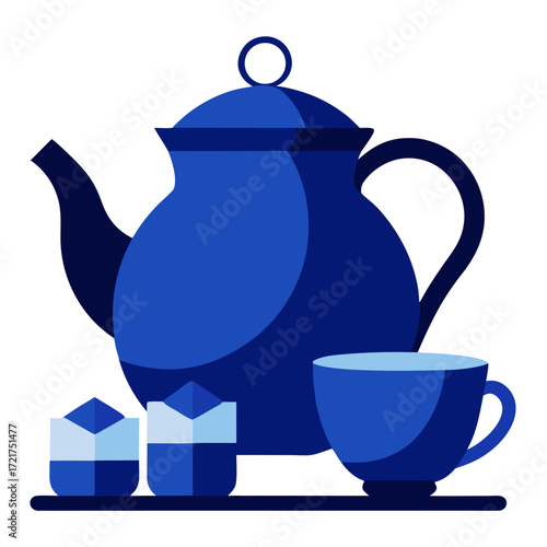 Dark blue teapot steaming cup of tea and sugar cubes vector on white background. 
