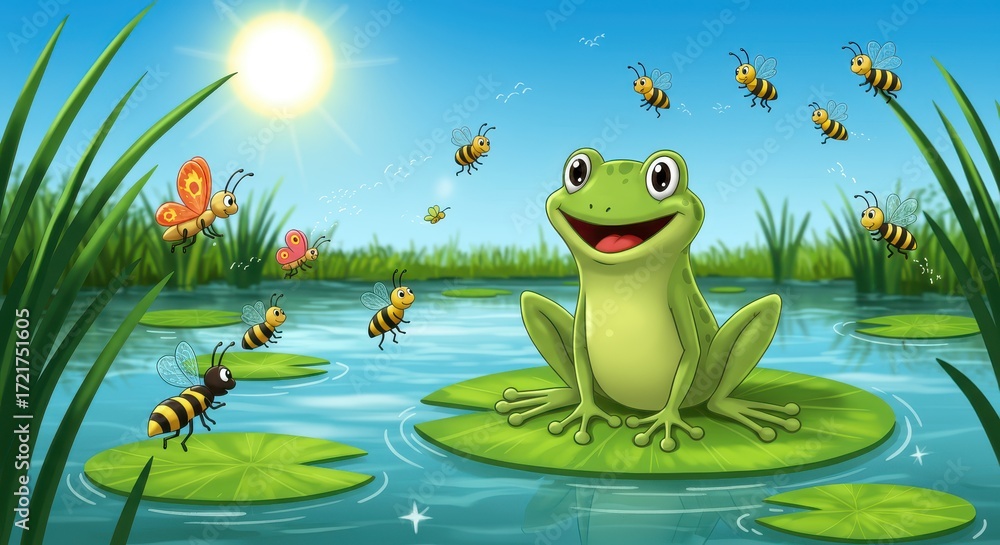 Fototapeta premium A cheerful frog sits on a lily pad in a pond, surrounded by buzzing bees and colorful butterflies on a bright sunny day.