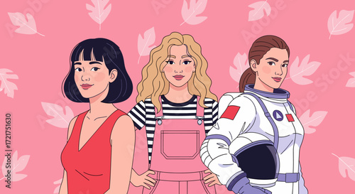 Three diverse women elegant Asian blonde in overalls and astronaut with helmet.
