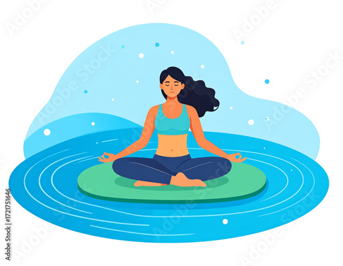 Woman meditates in lotus position on a floating platform in water, surrounded by blue hues and abstract shapes.