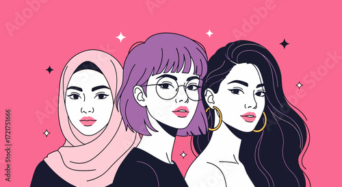 Three Diverse Women Hijab Purple Hair and Gold Hoop Earring Illustration.