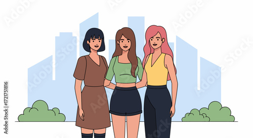 Three diverse young women standing together in a stylized urban setting.