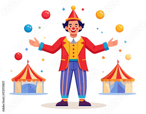 A smiling clown in a red suit and striped pants juggles colorful balls in front of circus tents.