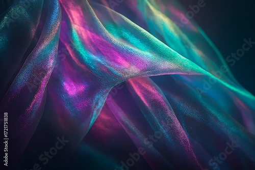 Close-up of flowing iridescent fabric with glowing purple, blue, and green highlights. A dreamy abstract texture ideal for fashion design, luxury branding, and artistic digital backgrounds.