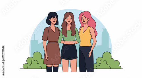 Three diverse young women with unique hairstyles and casual attire standing together.