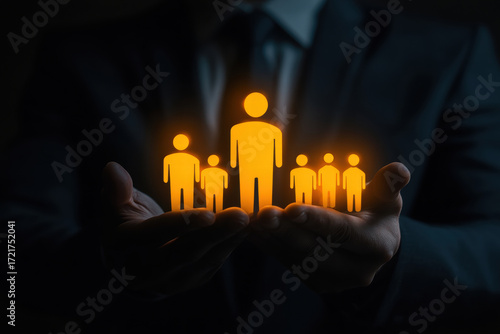 A man is holding a group of people in his hand