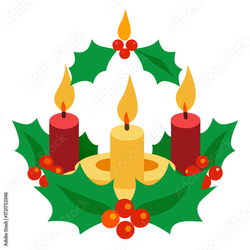 Festive Christmas advent wreath with burning candles berries and holly vector on white background.