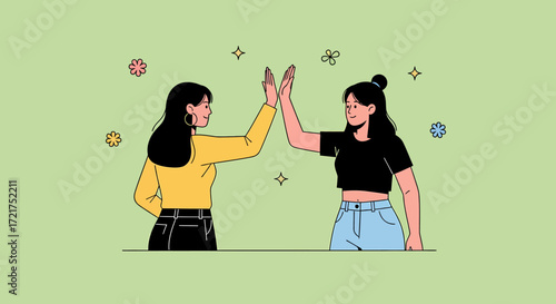 Two Stylish Women HighFiving Amidst Floral and Starry Accents.