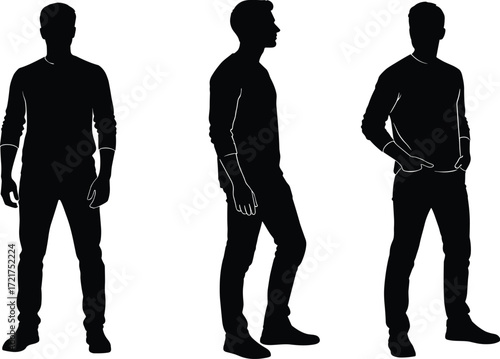 Black silhouette standing poses of casual man in front, side, and three‑quarter view for fashion, posture, and character design.