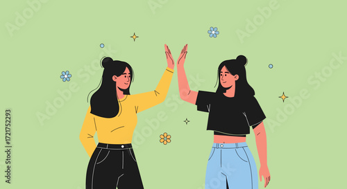 Two stylized women highfiving wearing casual outfits with floral accents.