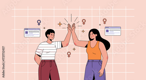 Two Women HighFiving in Celebration with Female Symbols and Website Icons.