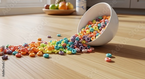 Colorful Cereal Rings Scattered on Wooden Floor.