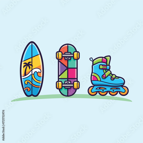 Surfboard, skateboard, and roller skates arranged on light blue surface representing active lifestyle and summer fun.
