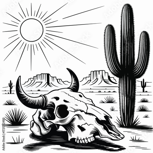 Hand Drawn Desert Vector,  Arizona Landscape with Cactus and Skull, Rustic Vintage Western Illustration for Nature Posters, Graphic Design, Outdoor Adventure Art, and Southwestern Decor Themes