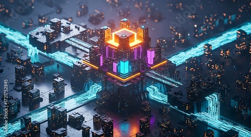 Cyberpunk city center glowing neon lights futuristic cityscape digital art 3D render