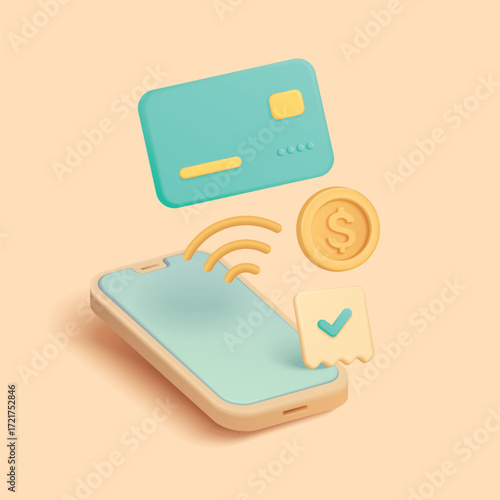 Modern 3D style smartphone with credit card, coin, receipt, and wireless payment icons for online shopping, finance, and digital transaction concepts vector illustration